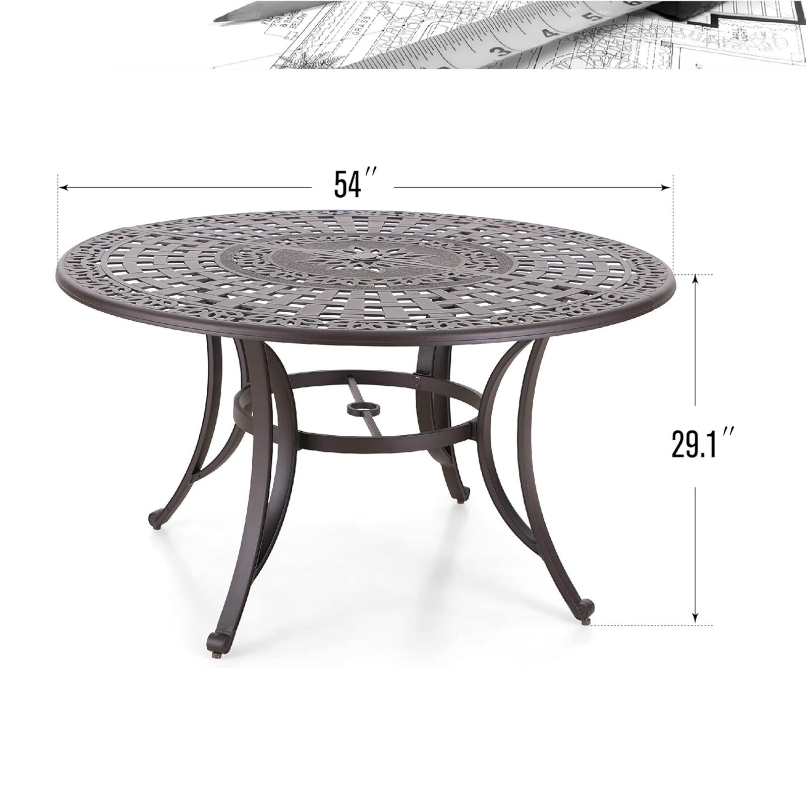 Round Patio Dining Tables for 6 Person Outdoor Aluminum Table w/ Umbrella Hole