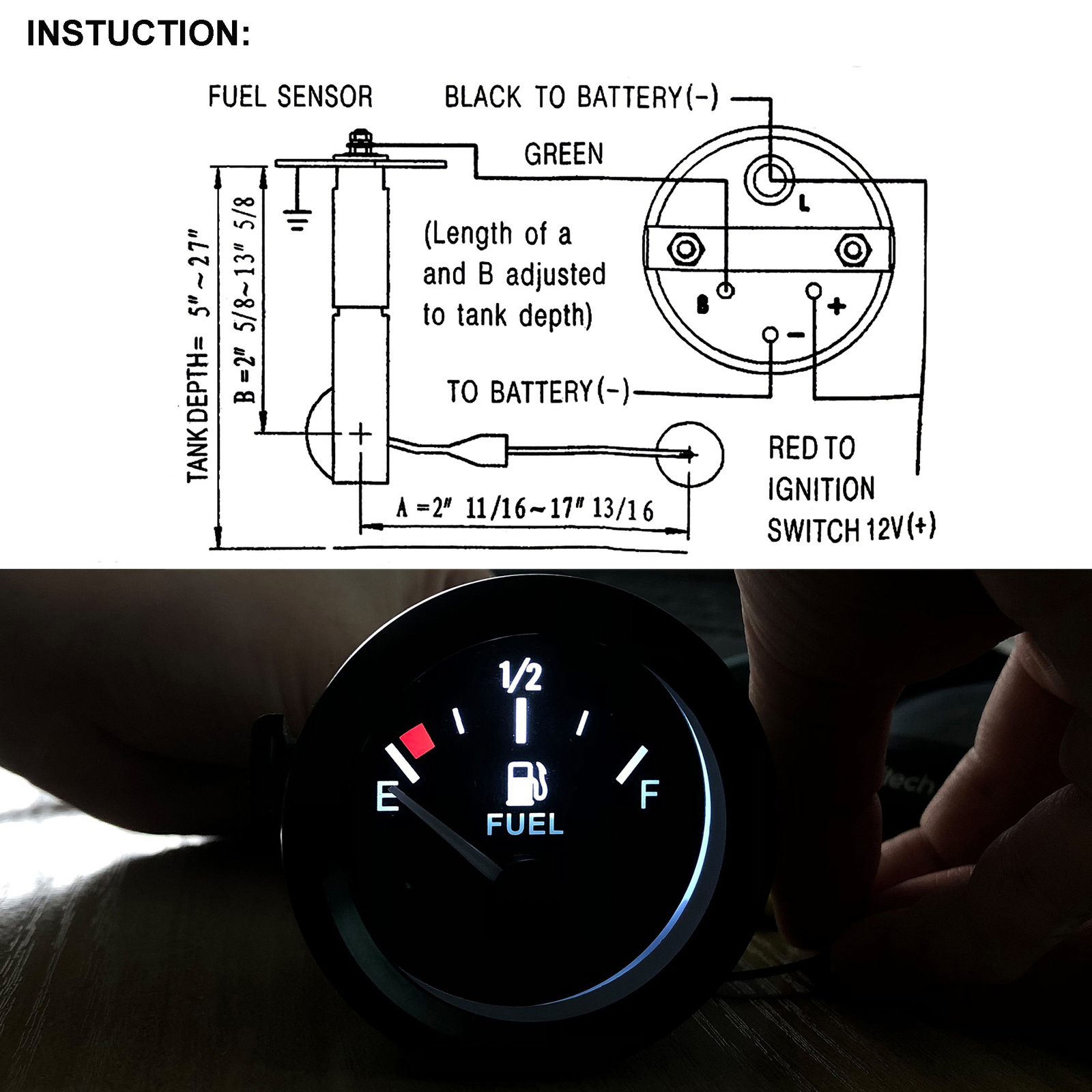 2" Universal Fuel Level Gauge E-1/2-F Pointer 52mm Fuel Tank Meter LED 12V