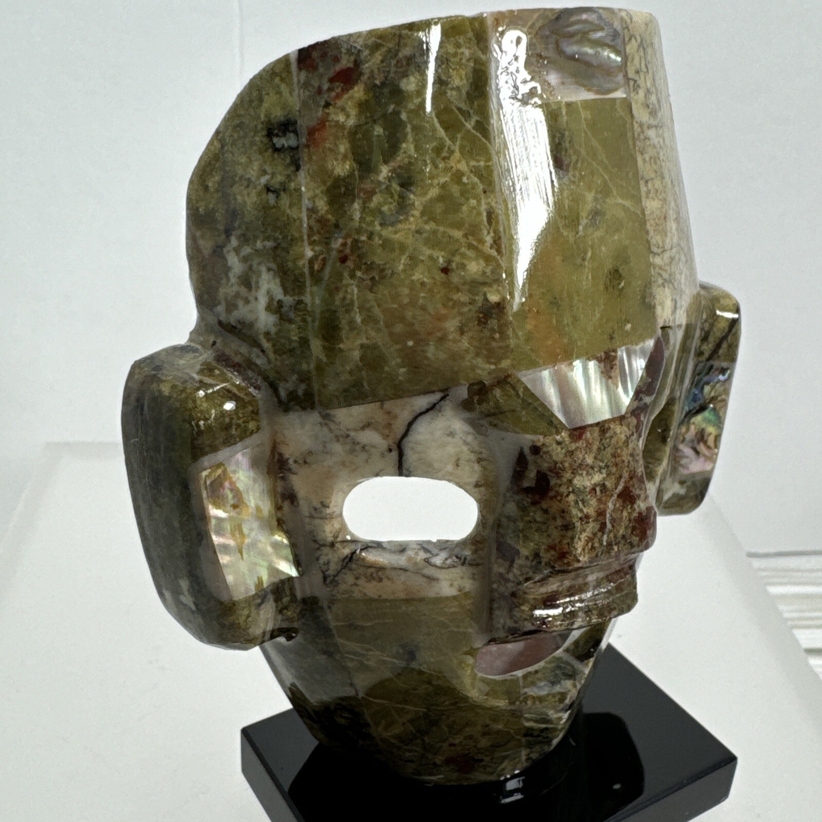 Mexican Mayan Tribal Burial Face Mask Green Stones Mixed Abalone Shell Onyx Base
