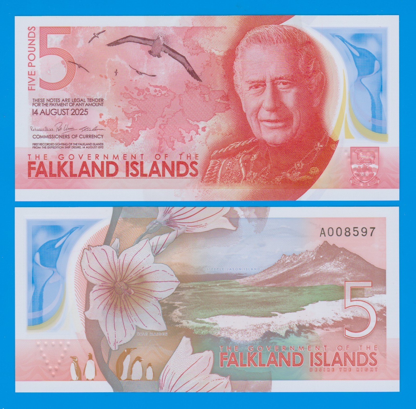 Falkland Islands 5 Pounds P 20 NEW 2025 King Charles III Polymer note UNC