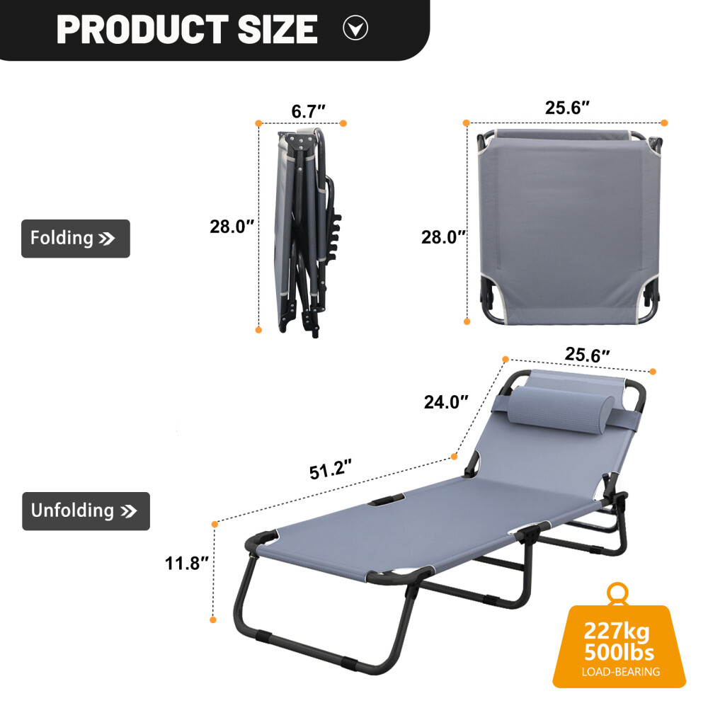 Slsy Folding Camping Cot 4-Position Outdoor Chaise Lounge Gray Pad Side Pockage