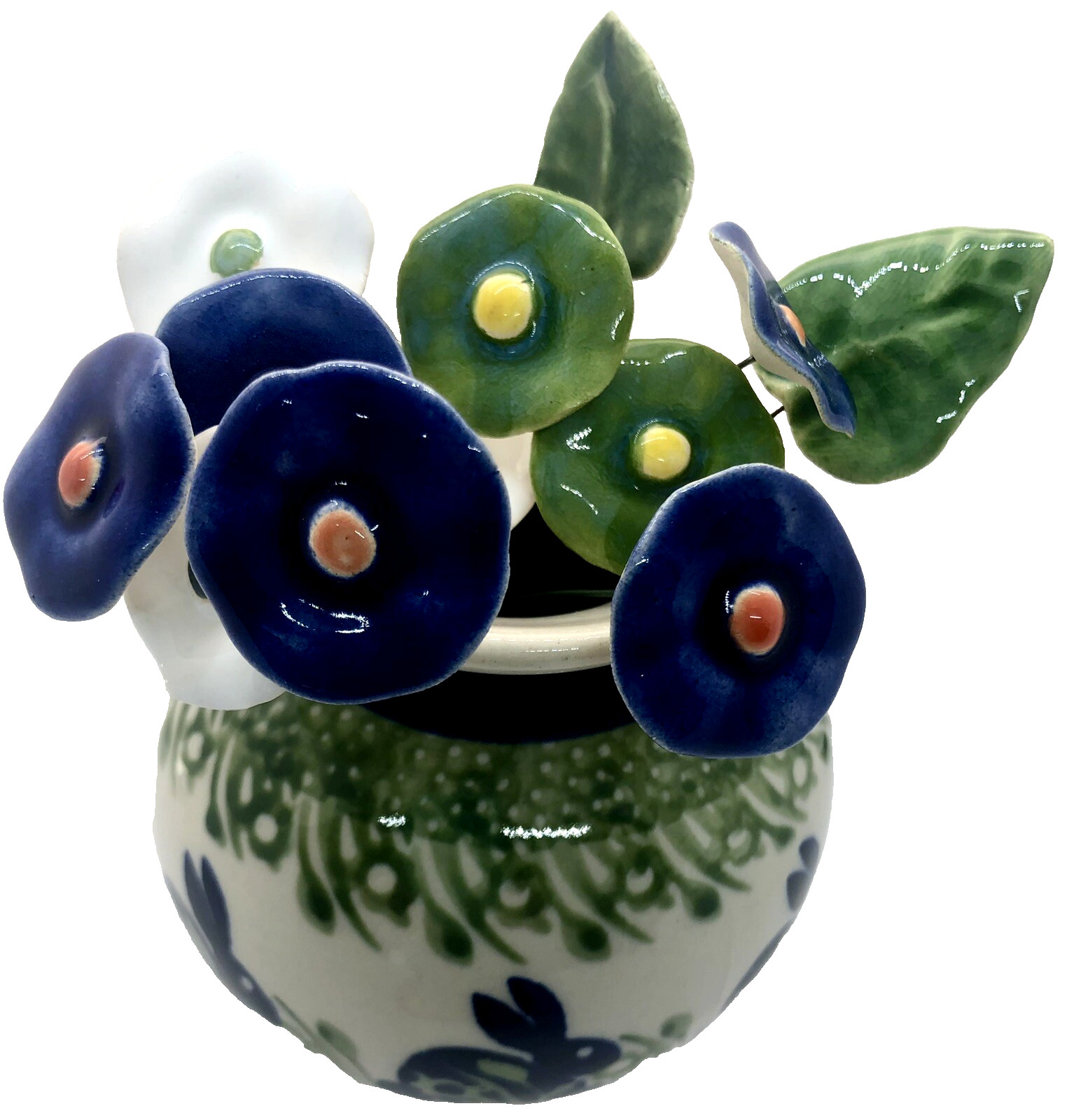 Polish Pottery Round Vase P324 Bunny Rabbit with 11 Polish Ceramic Flowers