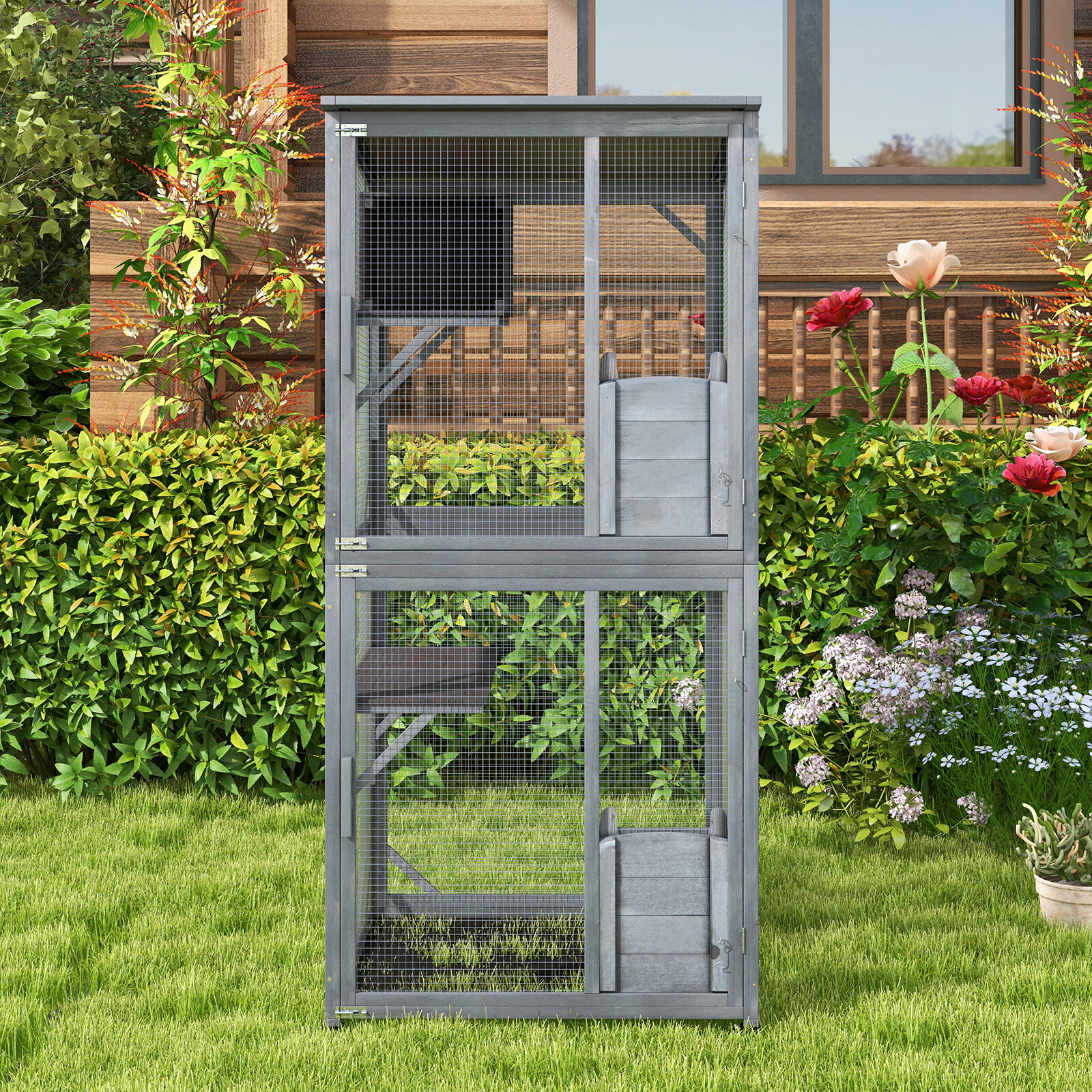 72" Wooden Cat House Indoor Outdoor Kitten Enclosure Kennel Condo on Wheels Grey