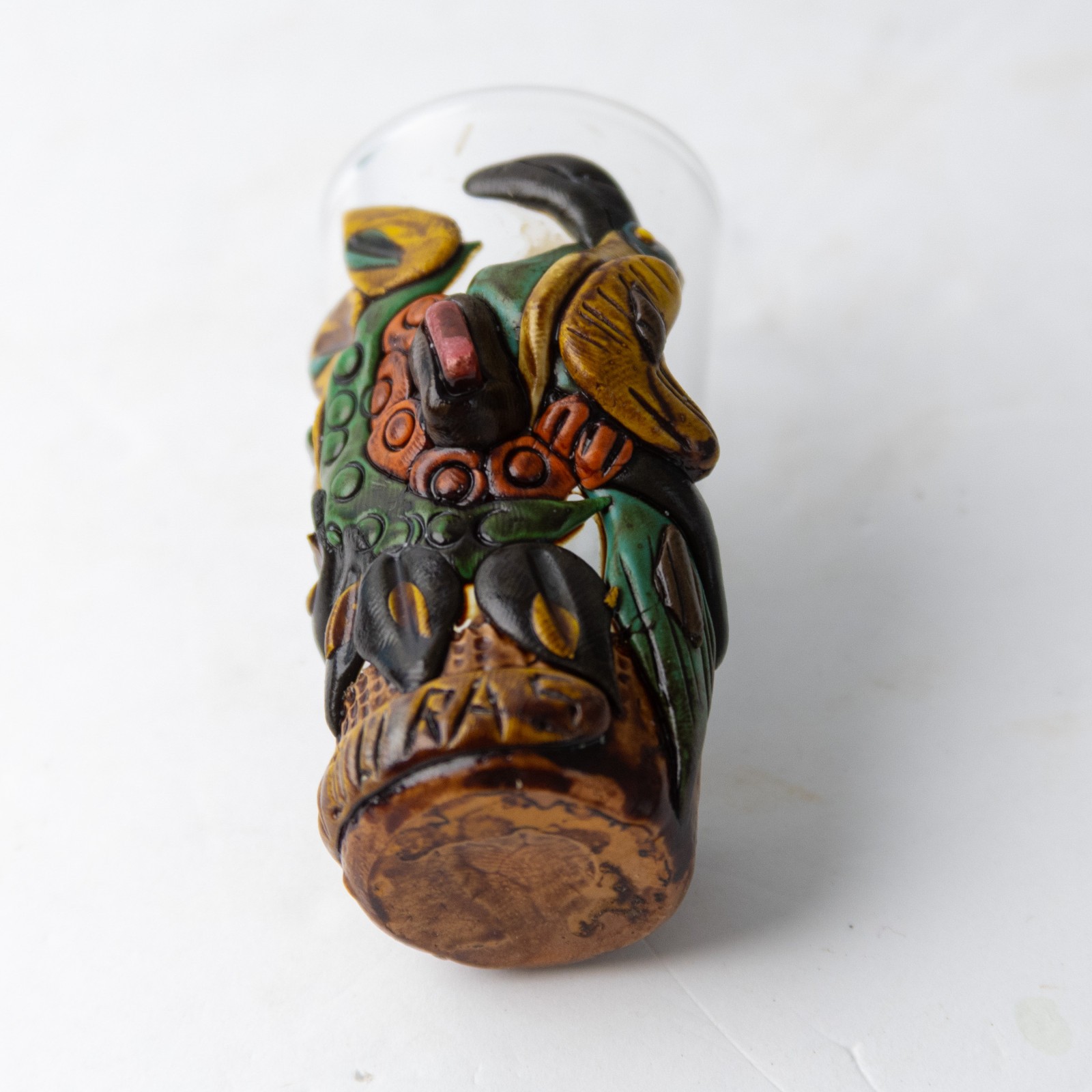 Vintage Honduras 3D Sculpted Shot Glass Set - Toucan & Mayan Chieftain Set of 2