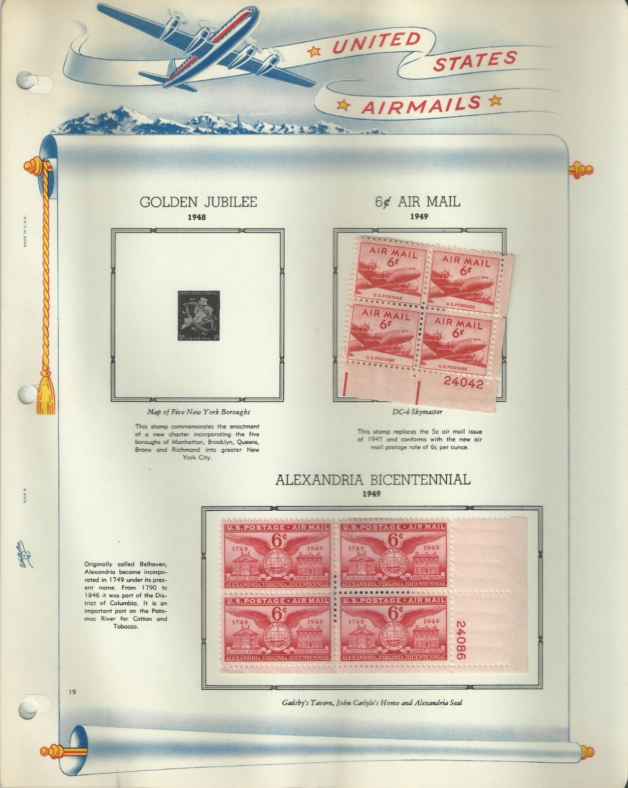 USA Stamps: Air Mail Plate Blocks & Singles on White Ace Album Pages. SCV $350+