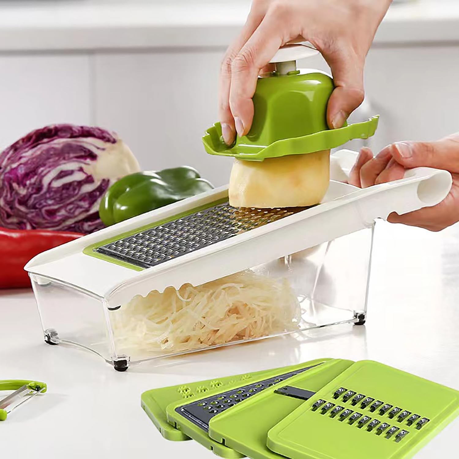 NACOLUS Cheese Grater with Container,5 In 1 Mandoline Slicer 11.4*4.7, Green