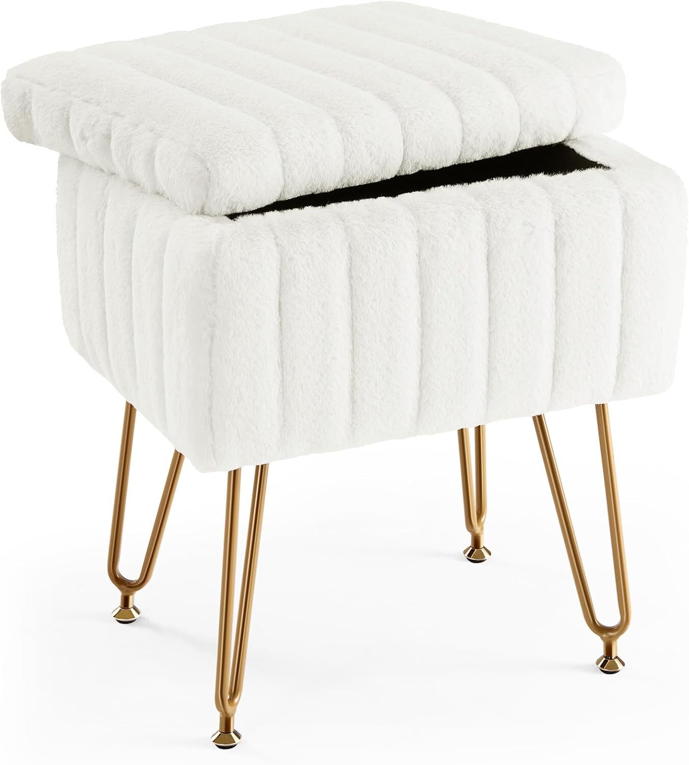 Vanity Stool Chair w/ storage Ottoman Faux Fur Soft Padded Makeup Footstool Seat