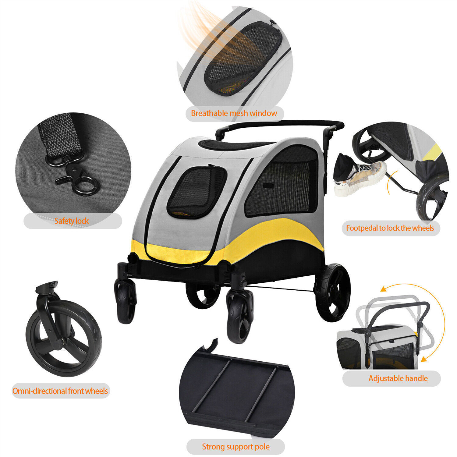 4-Size Foldable Dog Stroller Pet Jogger Wagon Cart w/Shock Absorber&Safety Leash