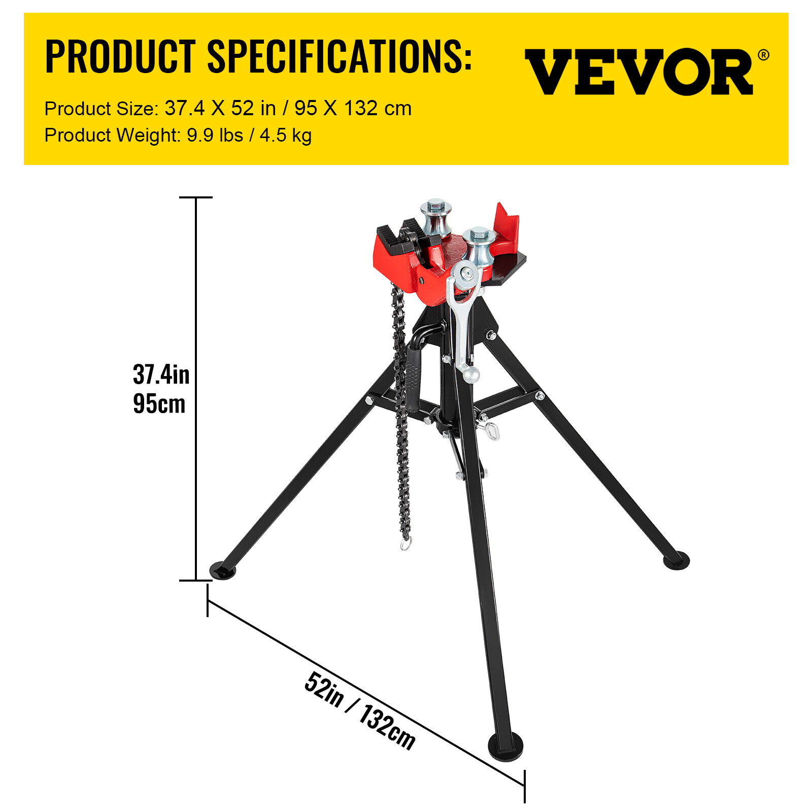 VEVOR Tripod Pipe Chain Vise 1/8"-5" Capacity Folding Legs W/ Harden Teeth&Chain