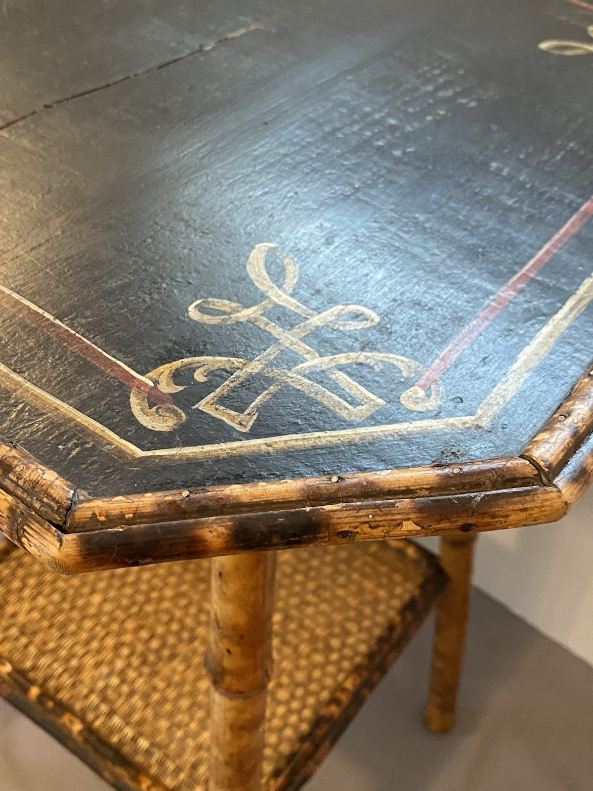 Antique 2 Tier Tiger Bamboo Side Table Victorian Aesthetic Painted Top **READ**