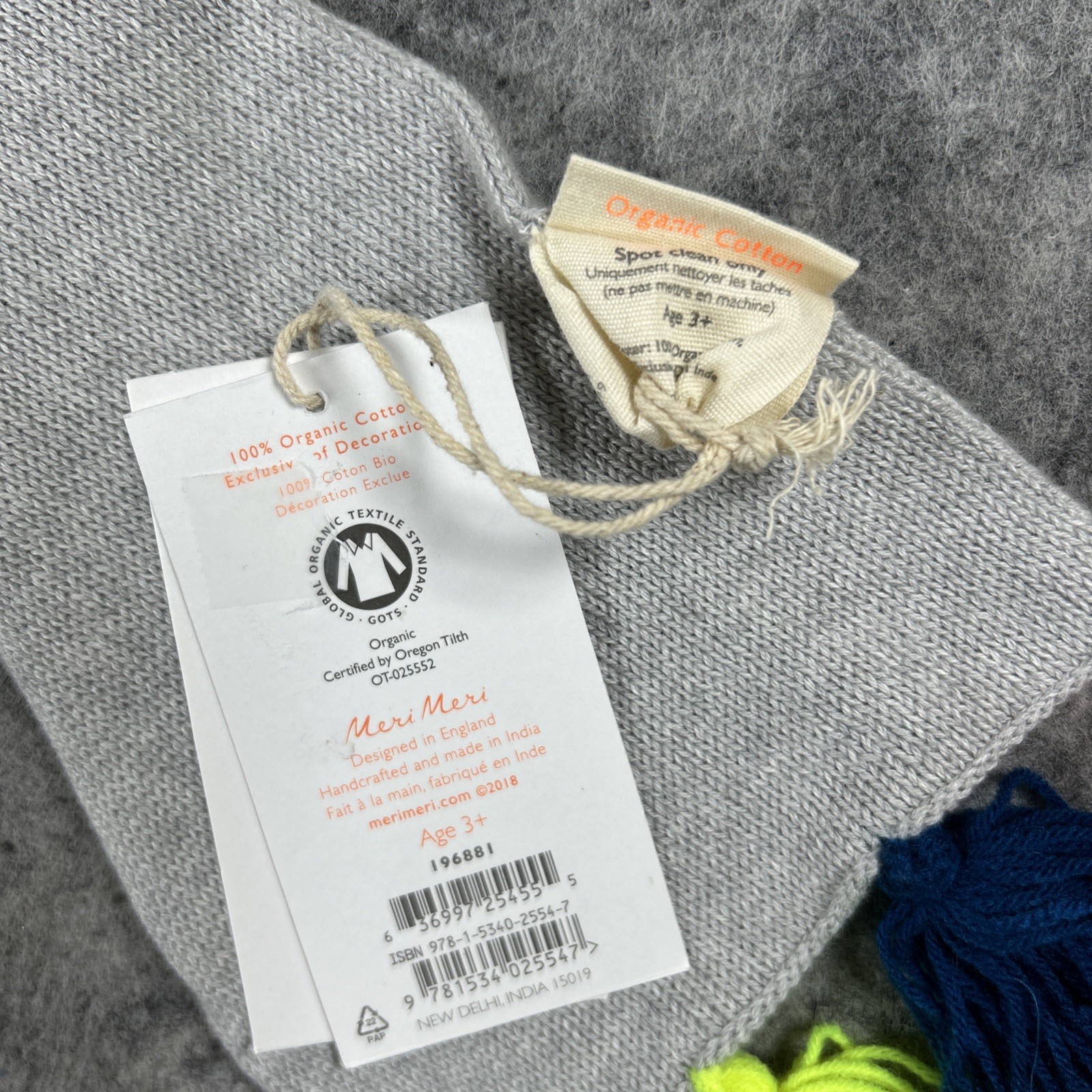 NWT Meri Meri Organic Cotton Scarf Gray Lama Bright Tassels Kids 3+ Fun Cozy
