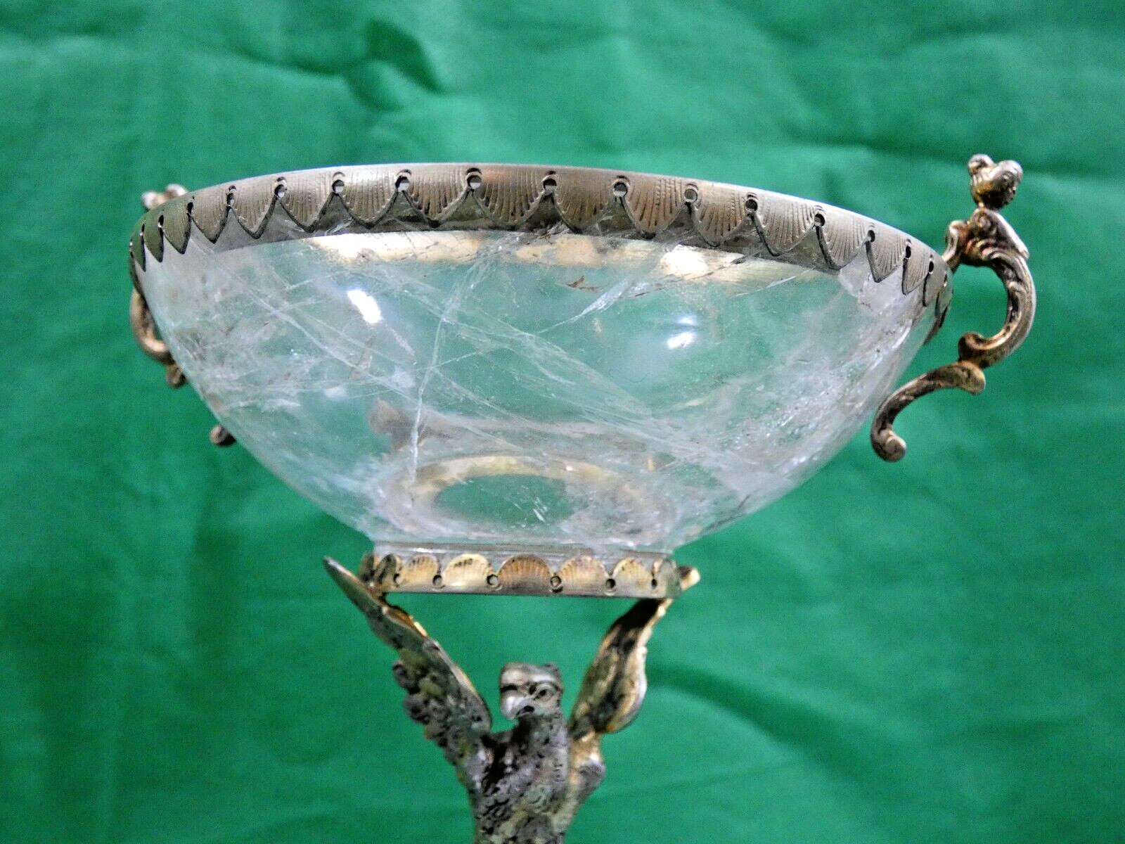 GORGEOUS SILVER - GILT / ROCK CRYSTAL TAZZA ANTIQUE GERMAN FIGURAL EAGLE LIZARD