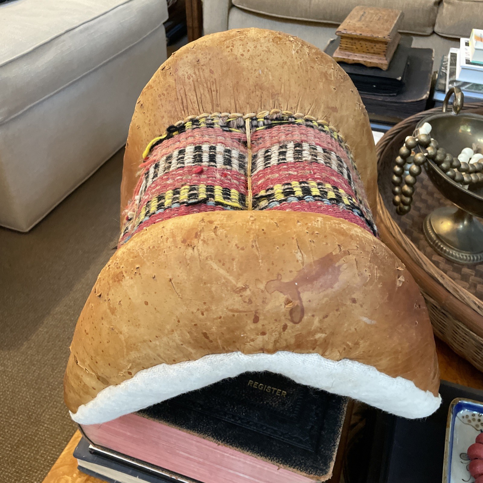 VTG North African Leather Donkey Saddle Woven Textile Tunisia