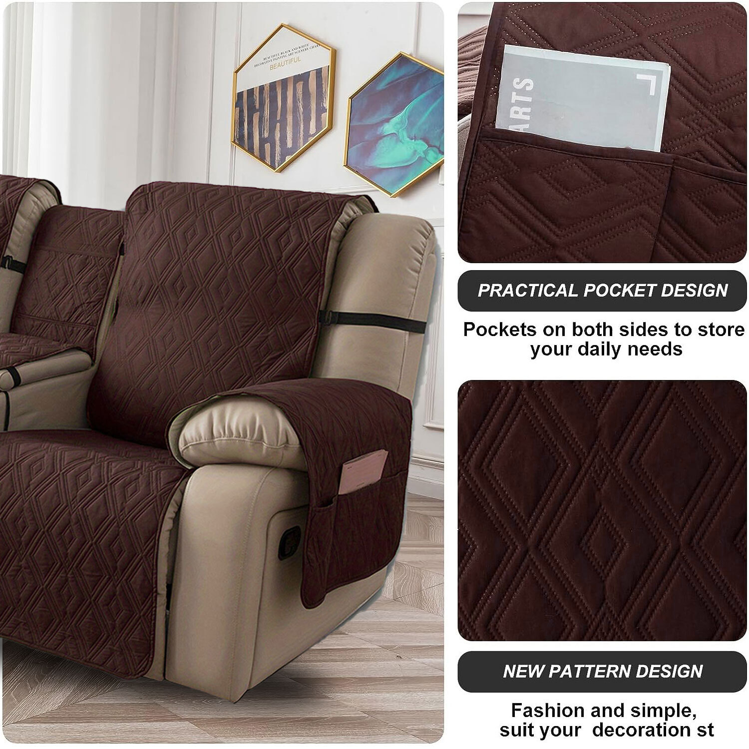 100% waterproof recliner cover double with center console, strap design