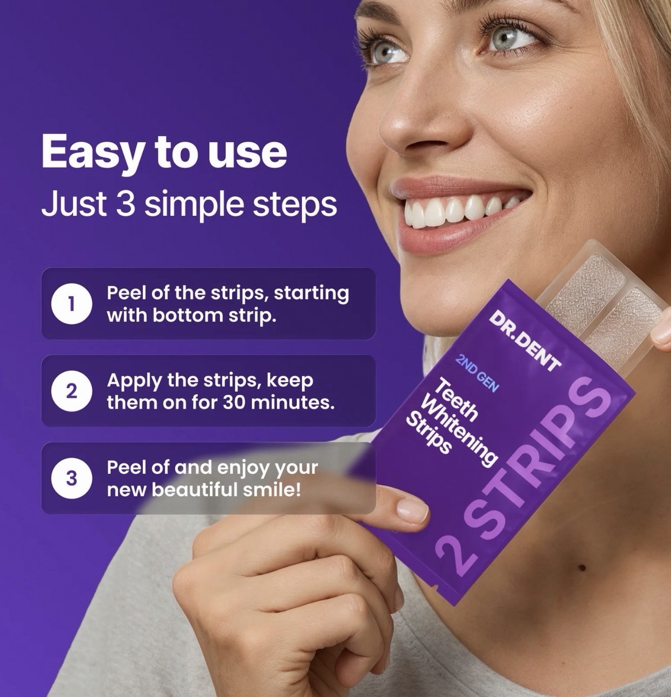 DRDENT Purple Whitening Strips: 14 strips, Enamel-Safe, Peroxide-Free Teeth