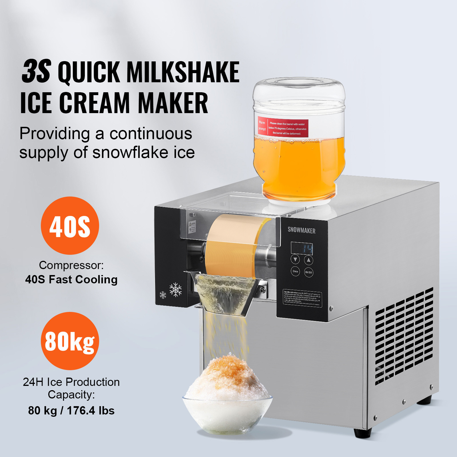 Commercial Snowflake Ice Machine 176LBS/24H Stainless Steel for Ice Cream