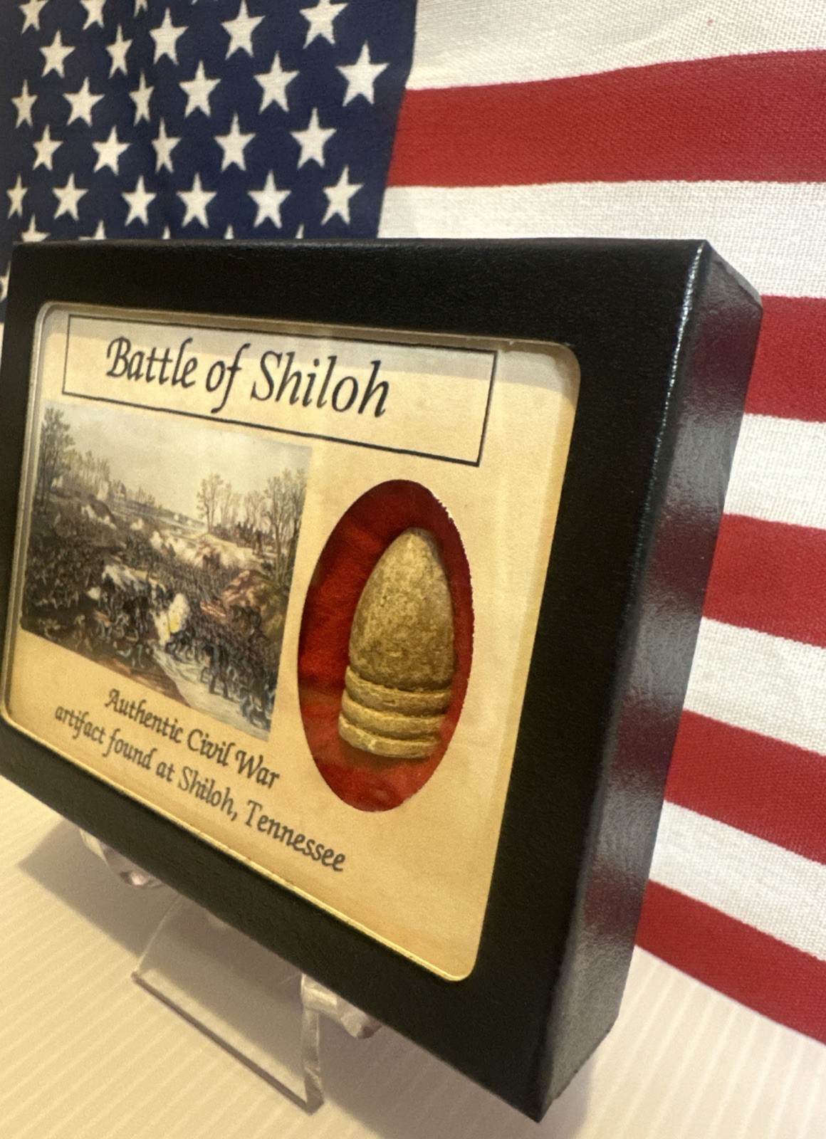 Civil War Bullet from The Battle of Shiloh, Tennessee with Display Case and COA