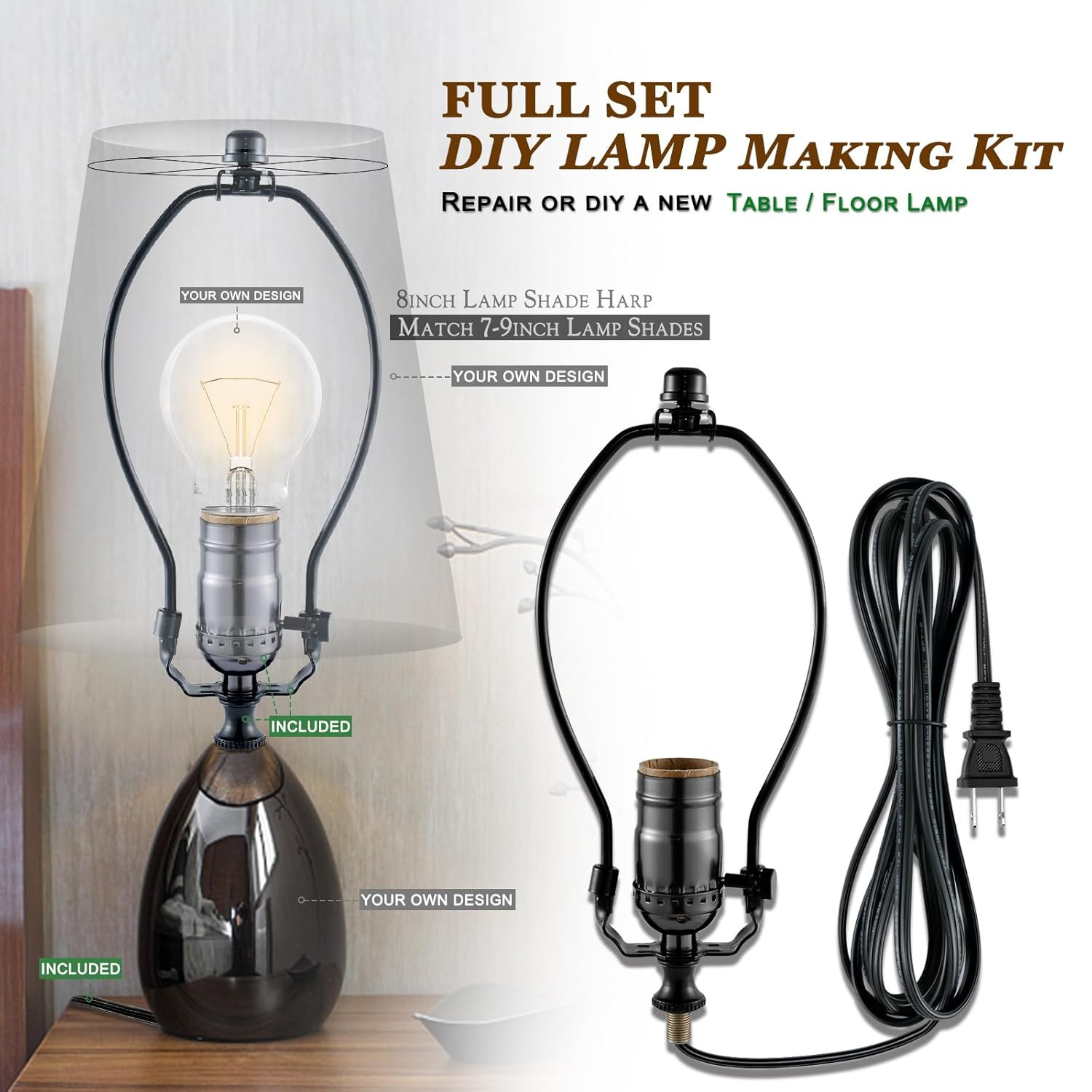 Lamp Making Kit,Make a Lamp or Repair Kit,3-Way Lamp Socket with Matching Cord L