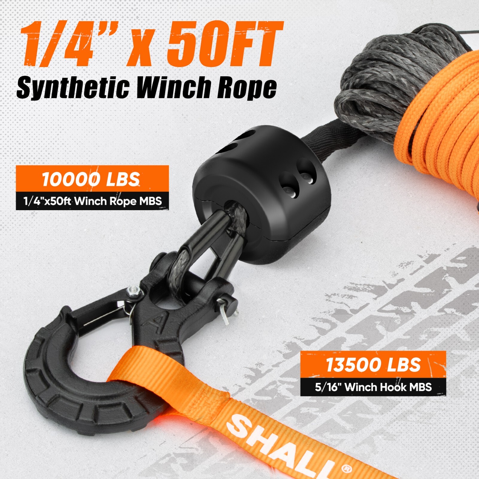 SHALL 1/4"x50 ft Synthetic Winch Rope 10,000LBS Winch Line for ATV UTV Offroad