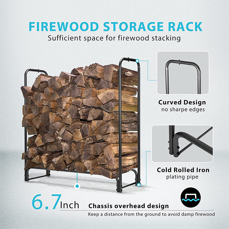 4Ft Heavy Duty Indoor Outdoor Firewood Storage Log Rack w/ Cover Combo Set Black