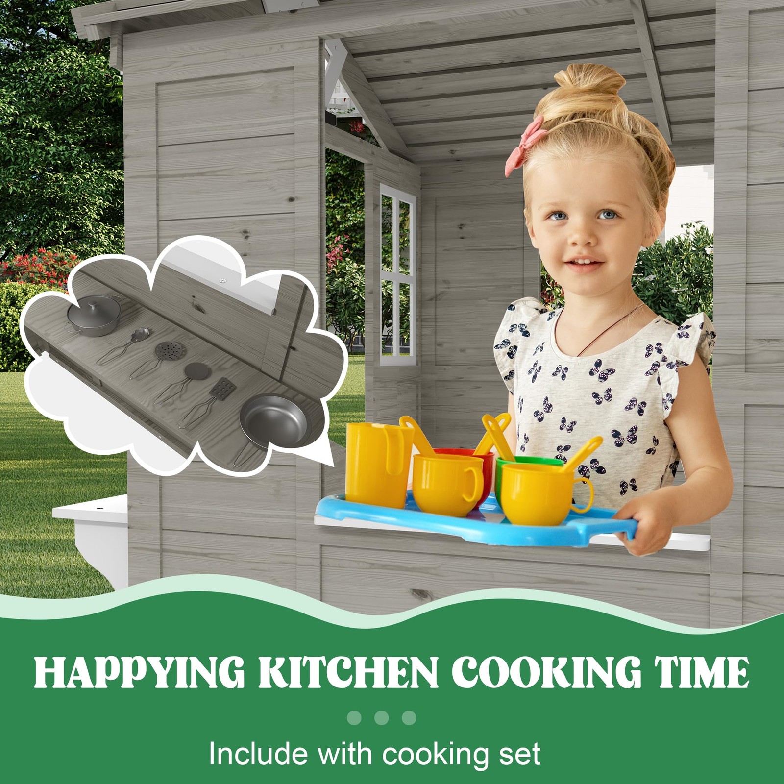 Cedar Wooden Kids Playhouse with Play Kitchen, Outdoor Toddler Cottage Backyard