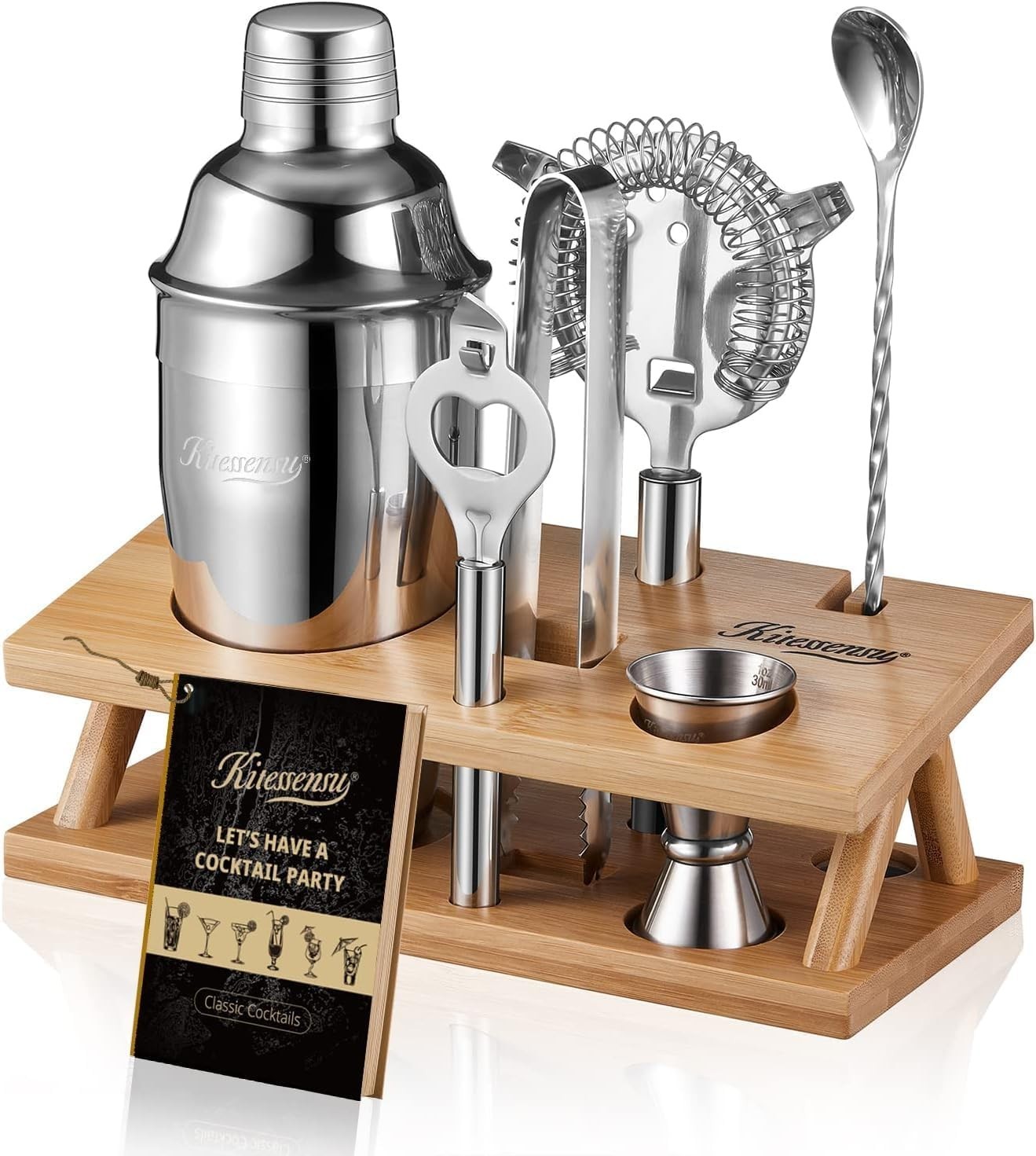 KITESSENSU Cocktail Shaker Set Bartender Kit with Stand - 6 Pieces - Silver NEW