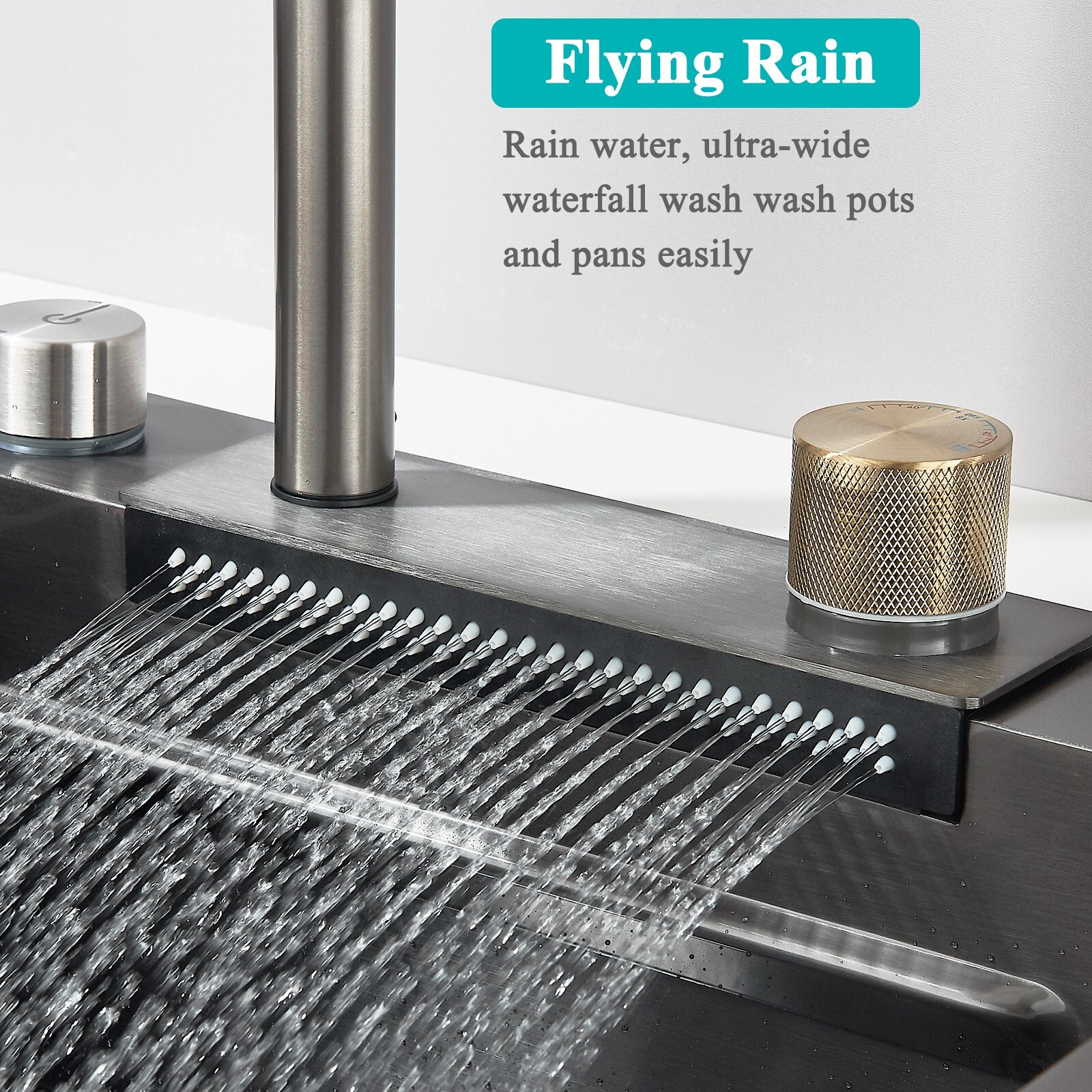 31.5" Flying Rain Stainless Steel Waterfall Kitchen Sink with Faucet Single Bowl