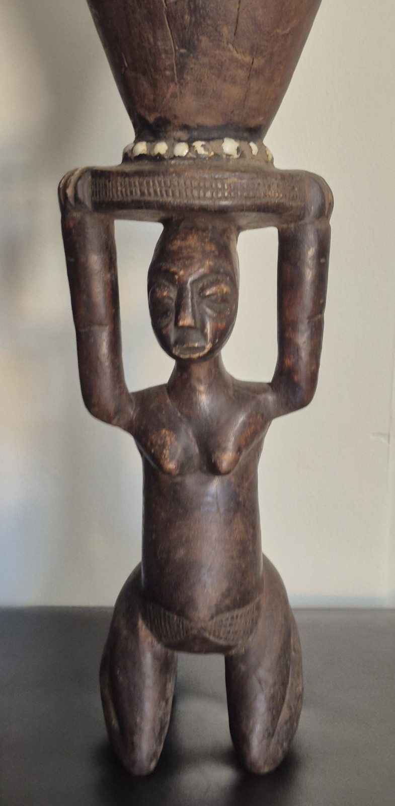 African Luba Female Wood Statue With Drum 21"H 7.5"W