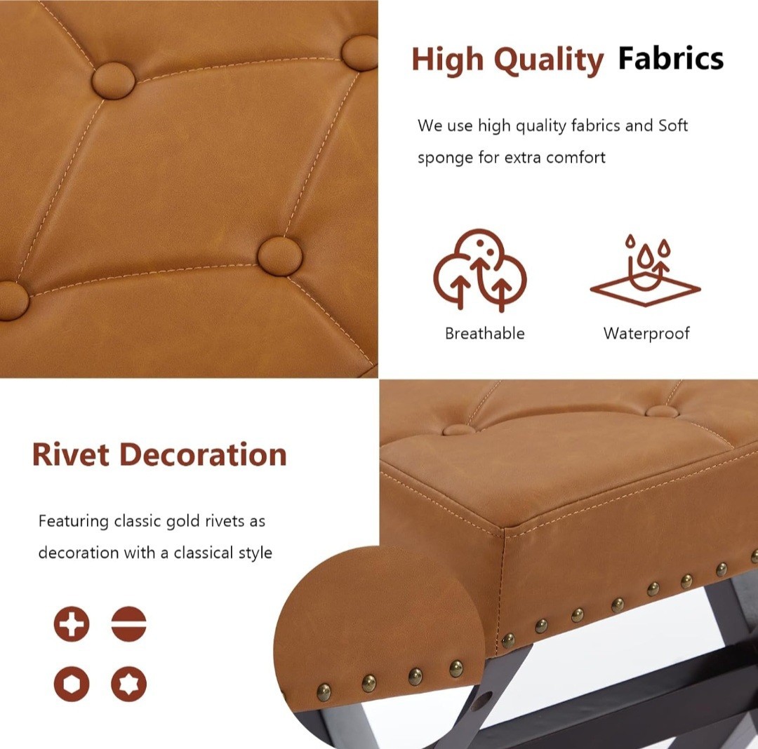 Square Makeup Stool with Rivets Wood X-Legs,Modern Vanity Ottoman Chair