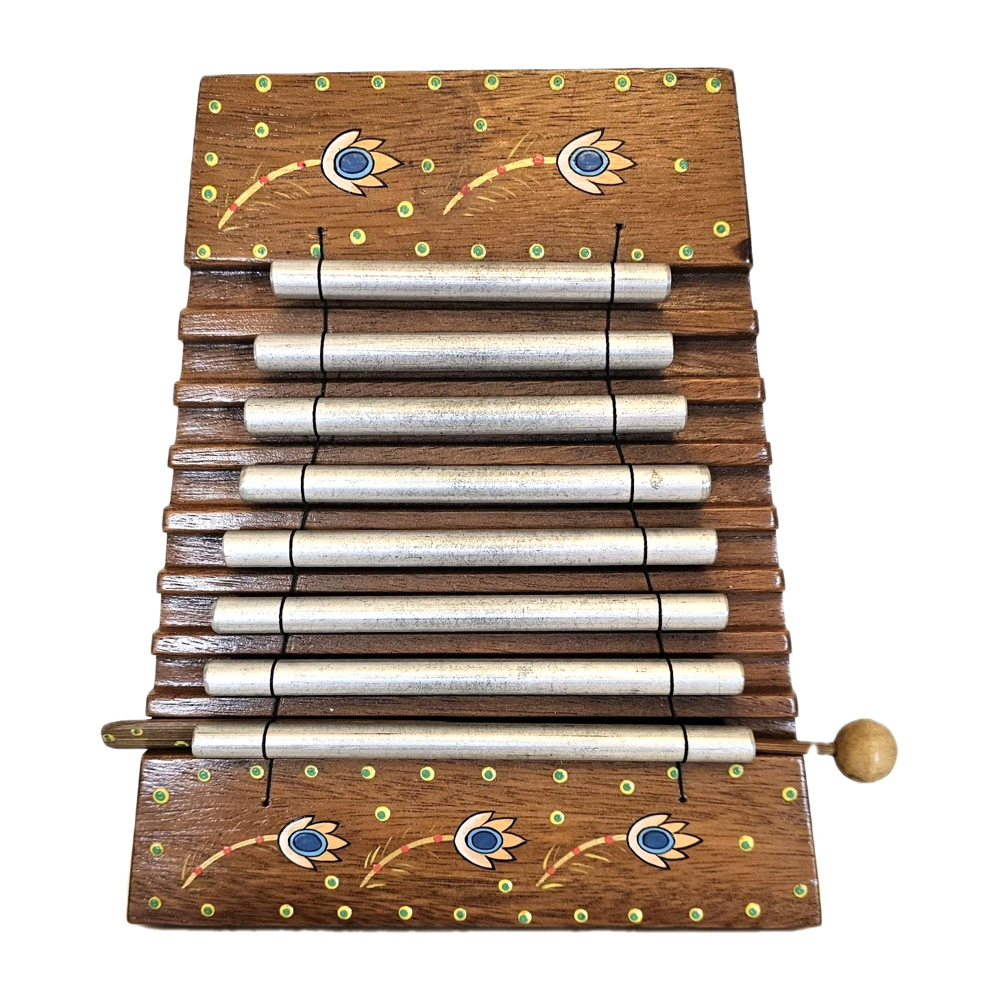 Teak Wood Meditation Chime Xylophone Hand painted w Mallet & 8 Stainless Keys