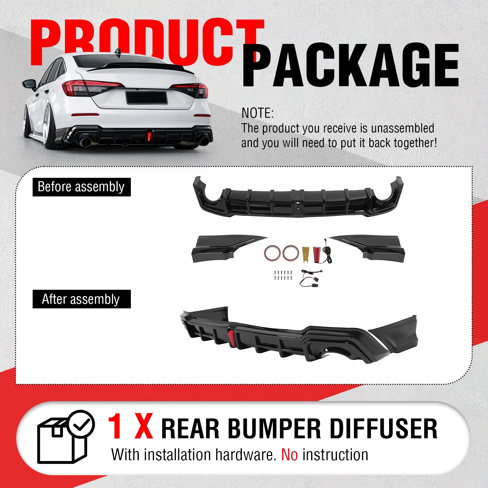 Rear Diffuser w/LED Light + Corner Spats Gloss Black For 2022-2026 Honda Civic