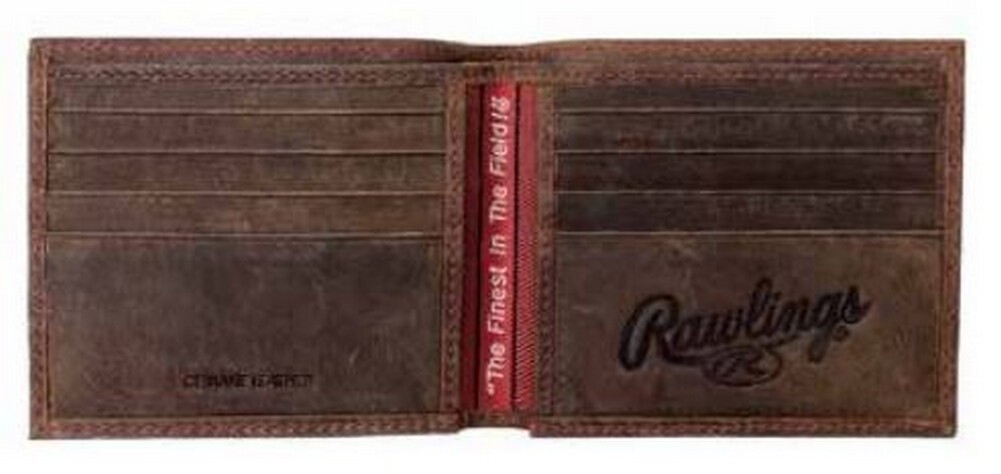 Rawlings High Grade Debossed Bi-fold Wallet Baseball Red Stitch Leather Brown