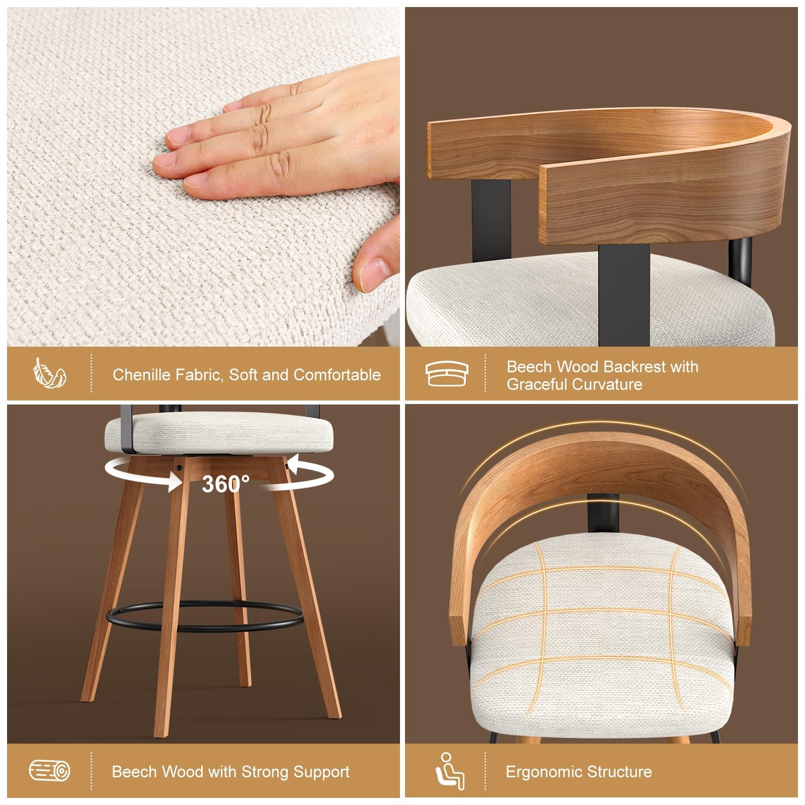 Modern Wooden Bar Stools Set of 2 Counter Height Swivel Bar Stools