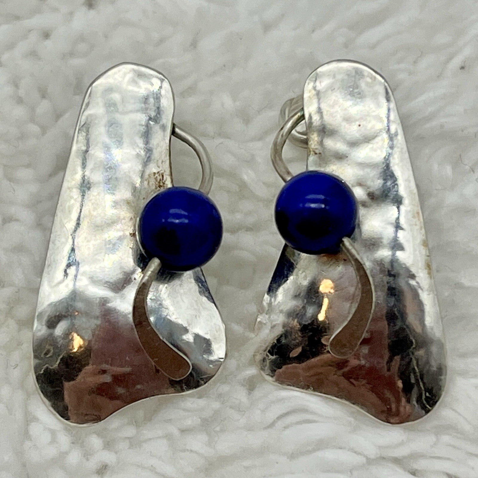 Sterling Silver Jewelry Set Brooch Earrings Lapis Modernist Signed Jean Newlin