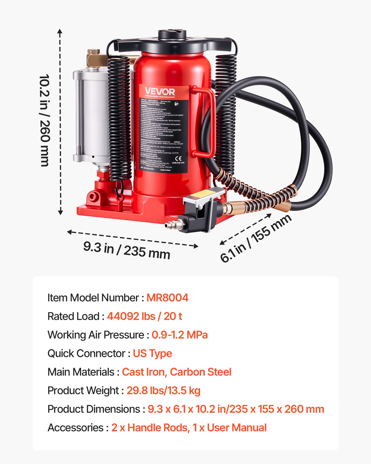 VEVOR Air Hydraulic Bottle Jack High Lift Jack 20 Ton (44092 lbs) Car Repair Red