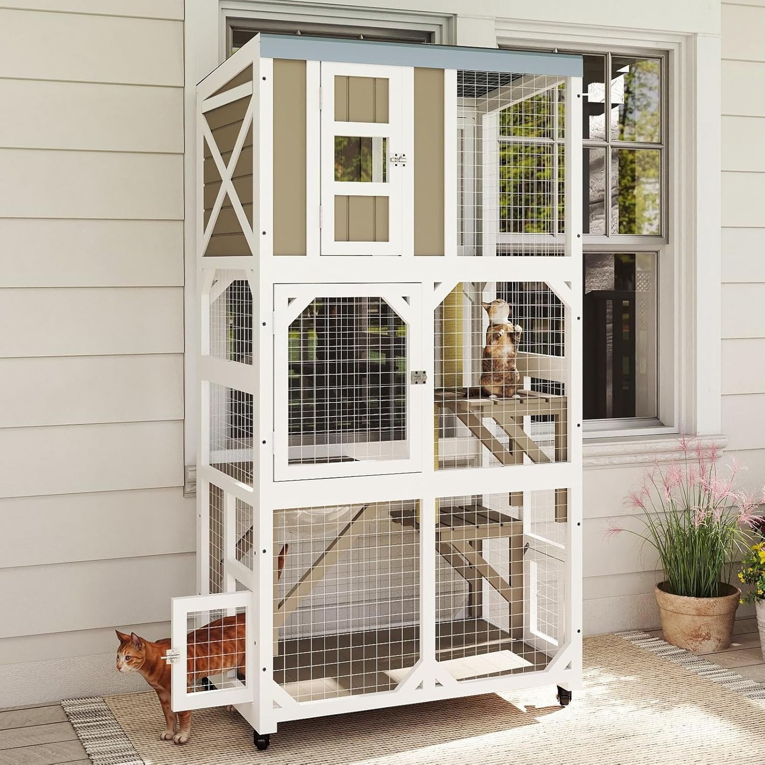 Petscosset Large Wooden Catio Outdoor Cat Enclosure, Window Cat House