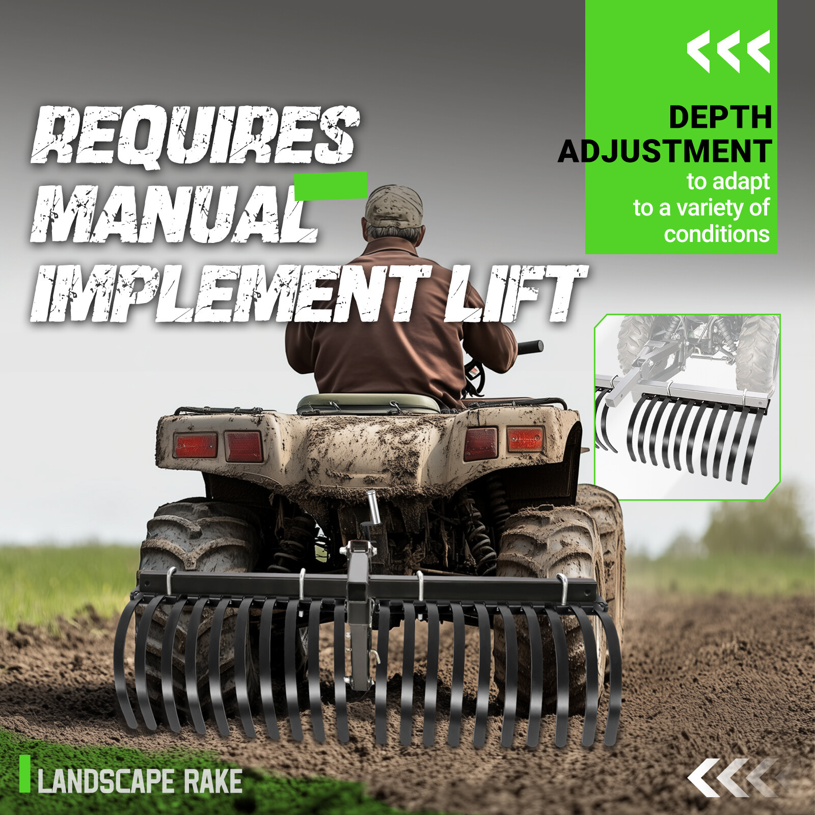 60" Landscape Rake For ATV UTV Tractor Heavy Duty Rock Rake Removal 20 Tine Rake