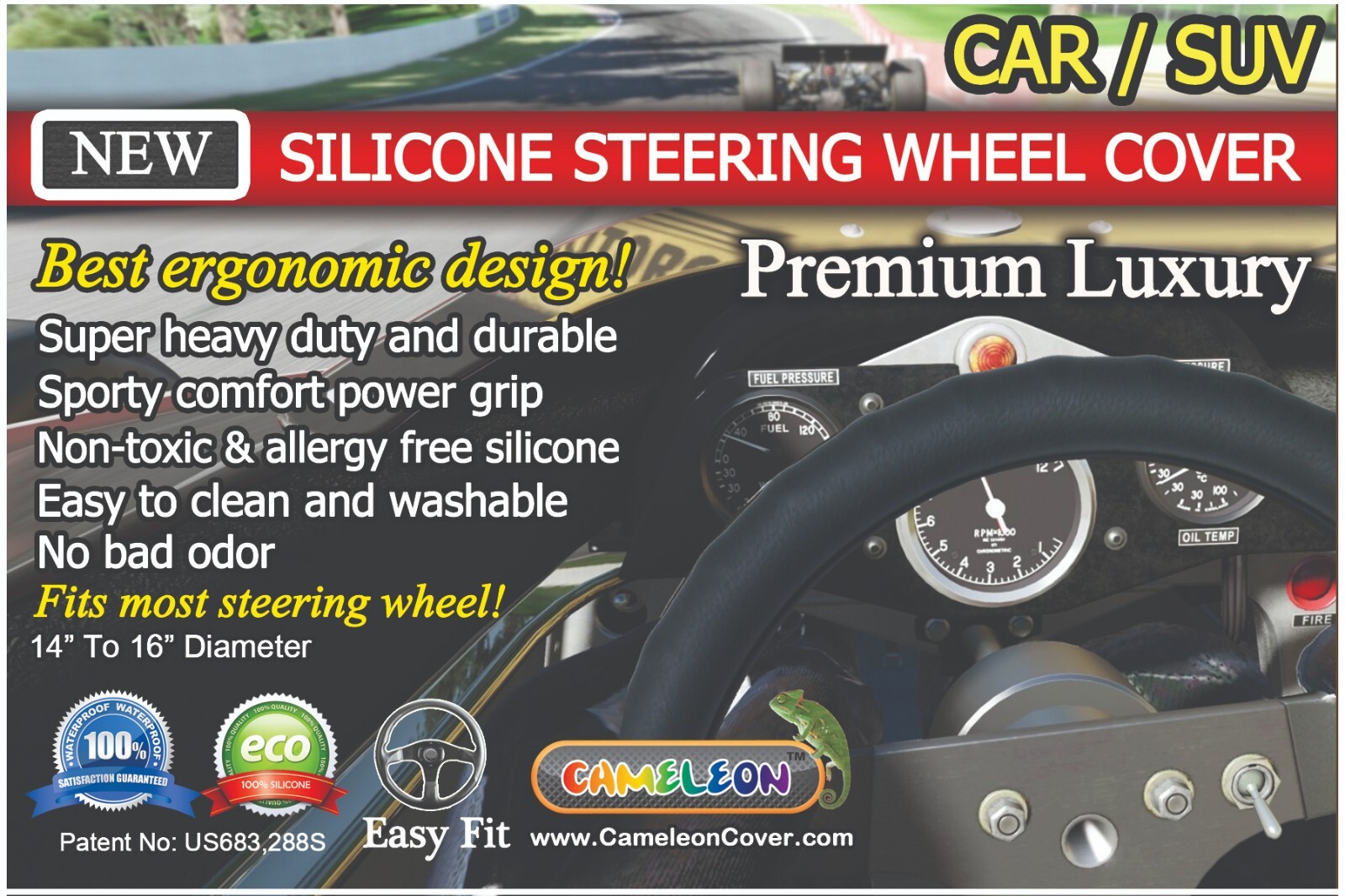 Cameleon Cover Silicone steering wheel cover Maximum Grip For Car,SUV 14" To 16"