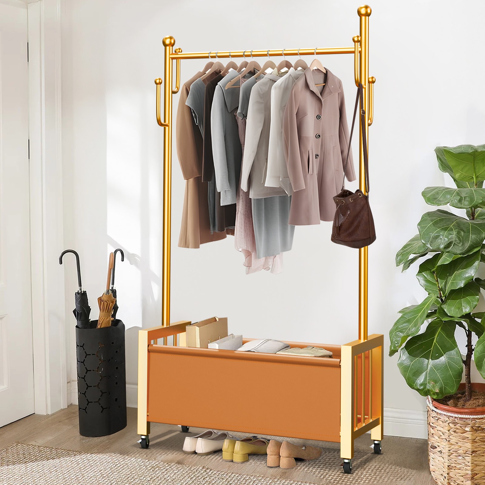 Portable Metal Garment Rack Rolling Clothes Organizer Hanger with PU Storage Bag