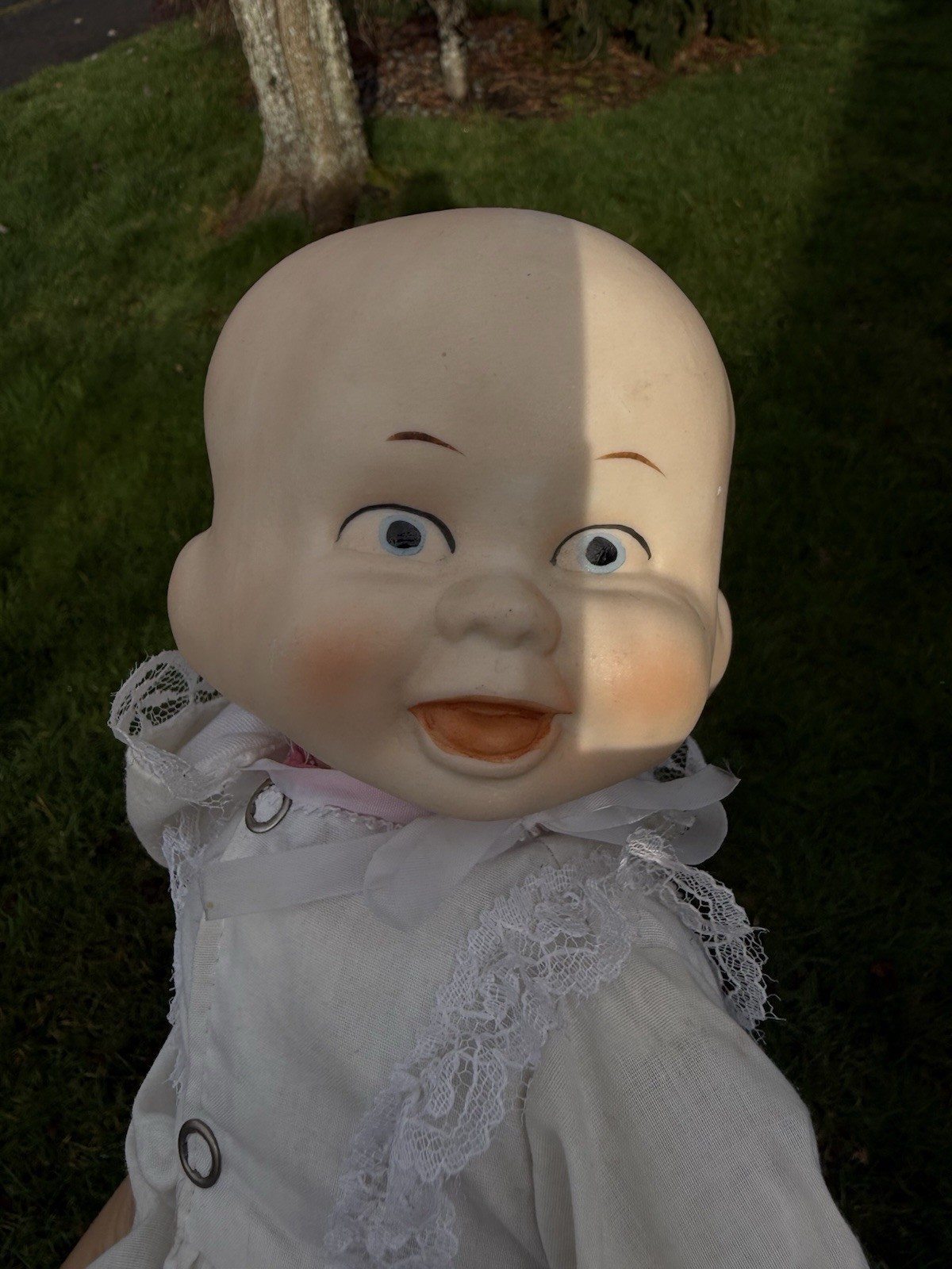 Vintage 13” Three Faced Bisque Porcelain Doll With Bonnet Triple Head Taiwan