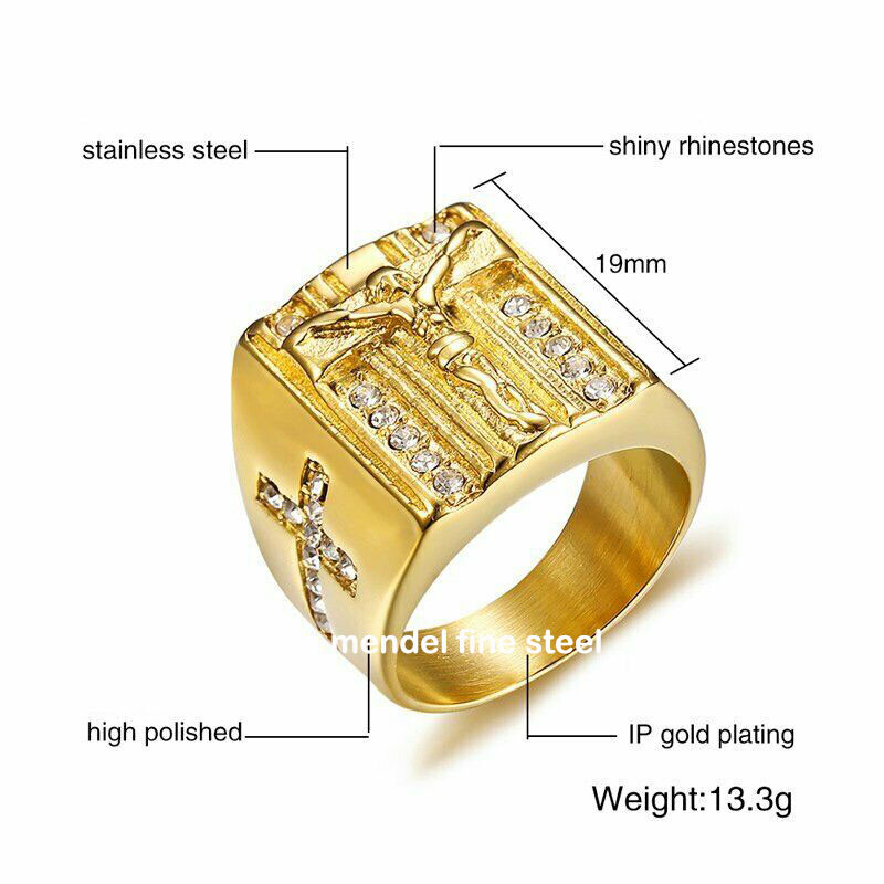 MENDEL Mens Stainless Steel Gold Plated CZ Jesus Cross Crucifix Ring Size 7 8-15