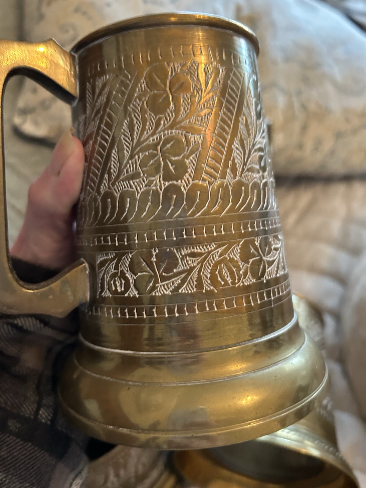 Set Of Four Vintage Hand Etched Copper/Brass Beer Mugs Glass Bases - Pakistan