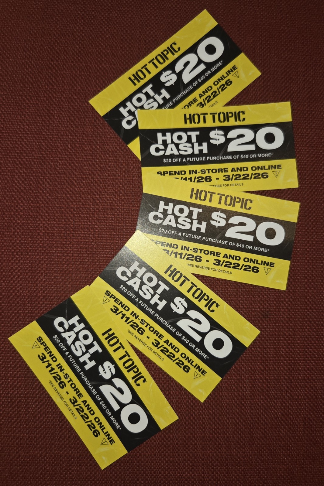 5  Hot Topic Hot Cash $20 off $40 valid from 3/12/26 to 3/22/26 ($100 off $200)!