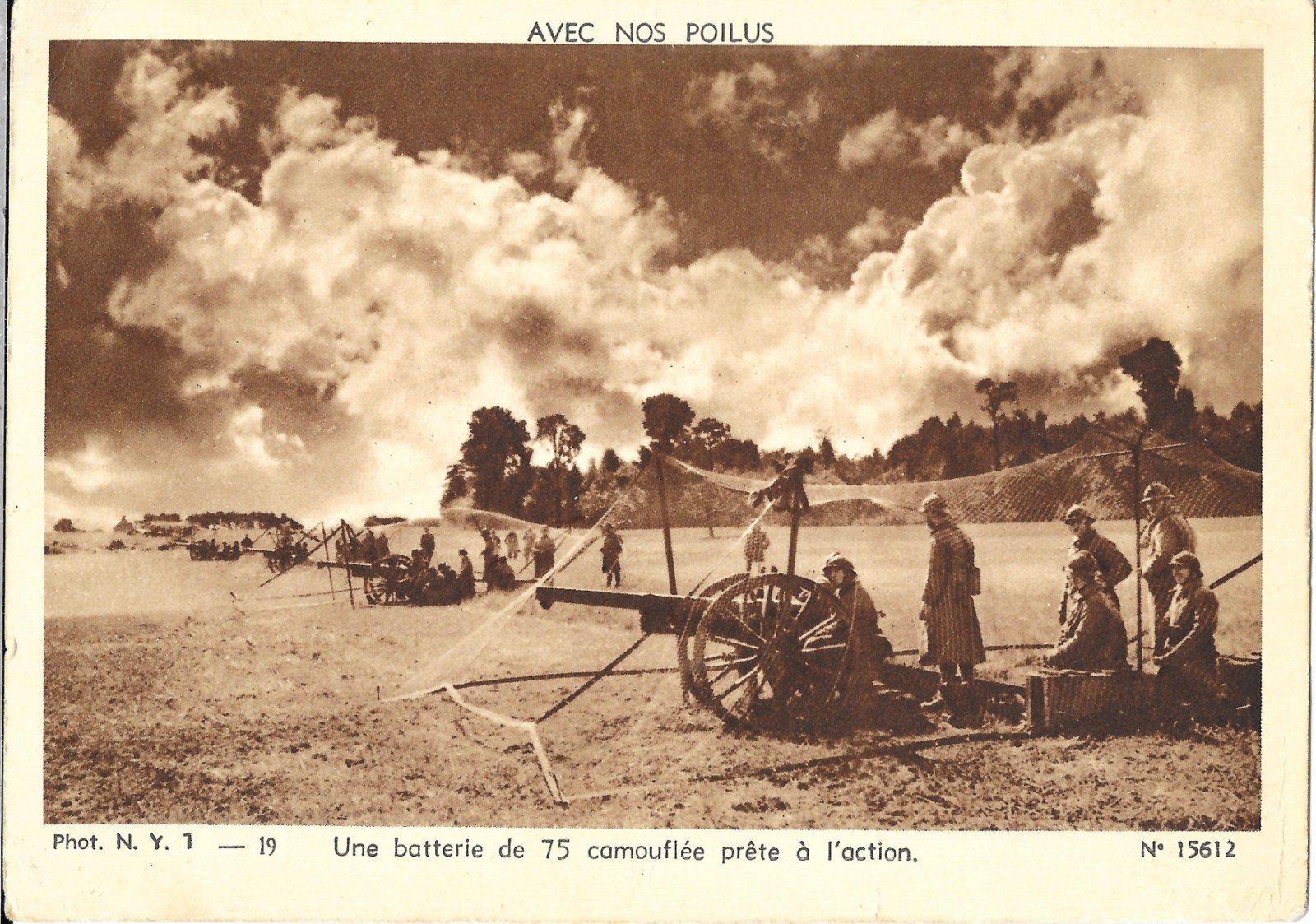 Vintage World War I French Postcard "Camouflaged Battery Of 75 Ready For Action"