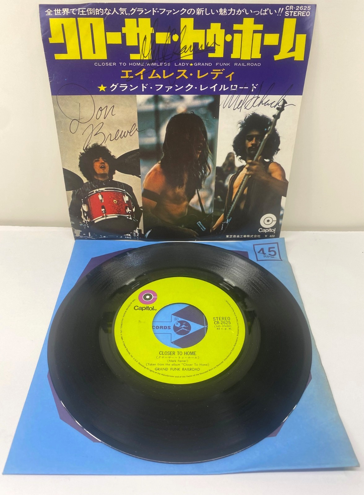 1970 Grand Funk Railroad Closer To Home 45 Record Signed By 3 Mark Farner + Band