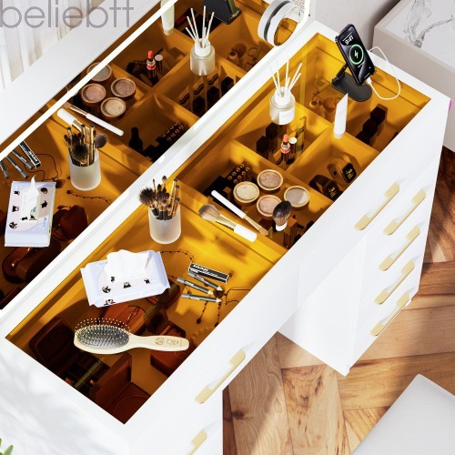 46"Glass Top Vanity Desk 10 Drawers Makeup Vanity Power Outlet, Silent Slides