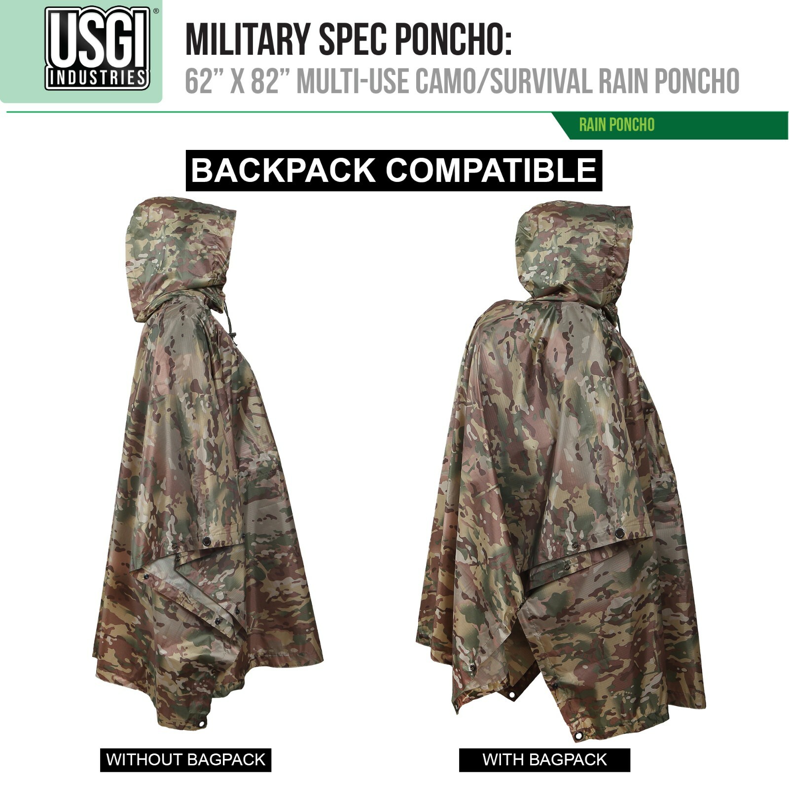 USGI Industries Military Design Multi Use Rip Stop (OCP / Multicam, Rain Poncho)