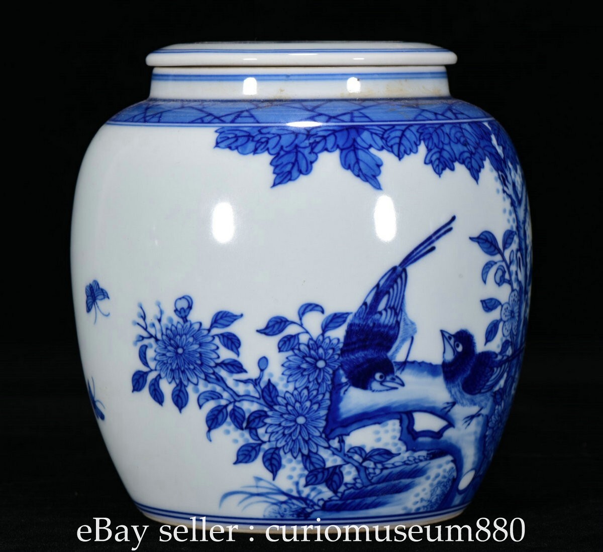5.2" Chinese Qing Dynasty Blue White Porcelain Bird Flower Pattern Lid Pot Jar