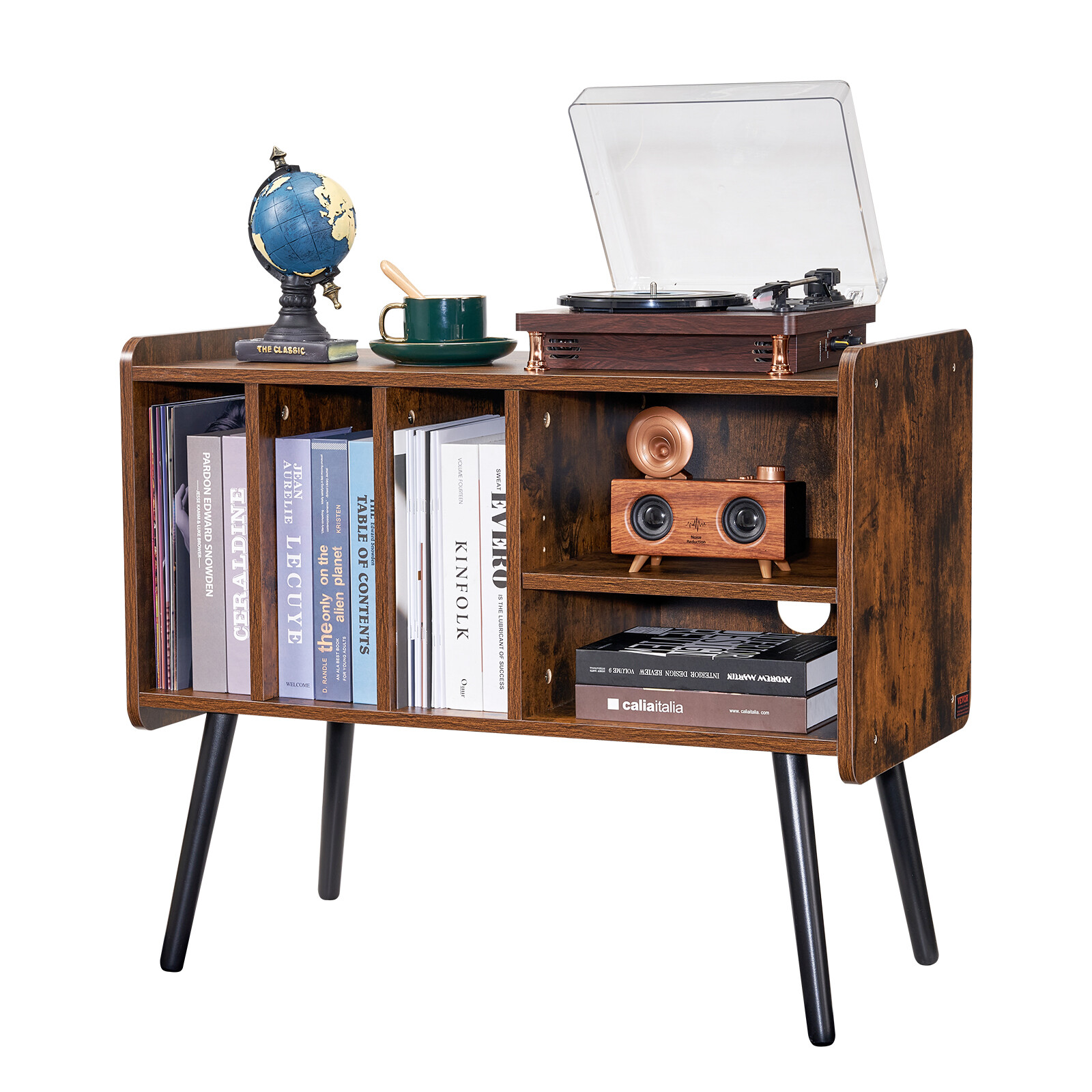 Record Player Stand 2 Tiers Wooden Turntable Stand with 3 Cabinets Brown