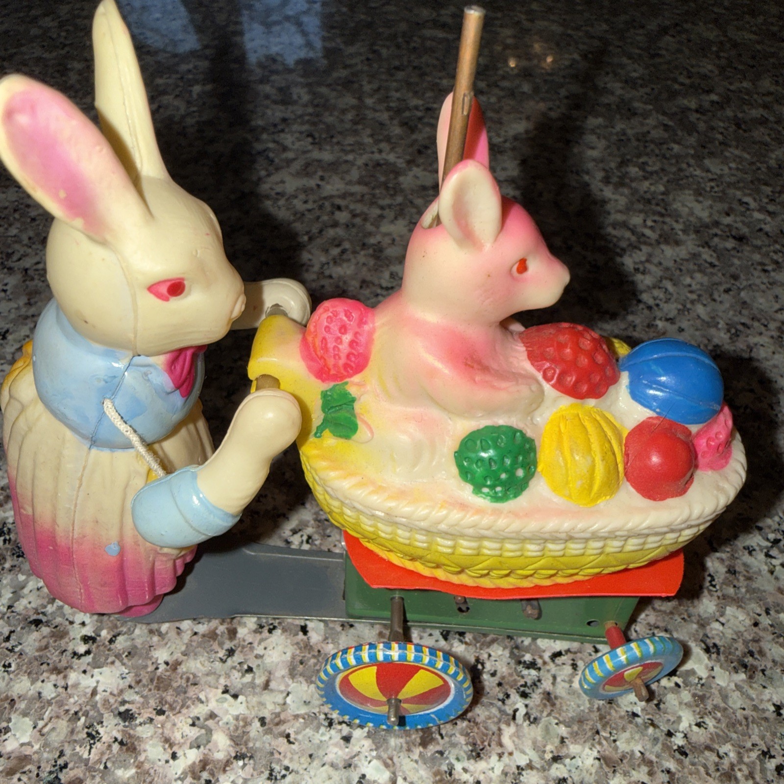 Vintage Wind-Up Bunny Carriage Tin & Celluloid Toy Made in Japan Box O.K.D.